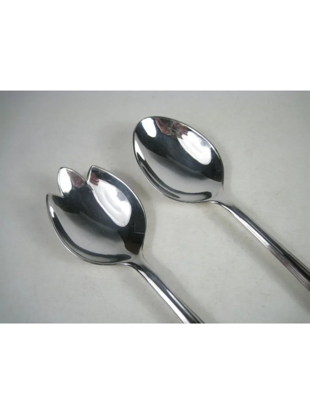 Stainless Steel Serving Spoon and Fork Set 10 inch Ribbed Handles Italy Vintage